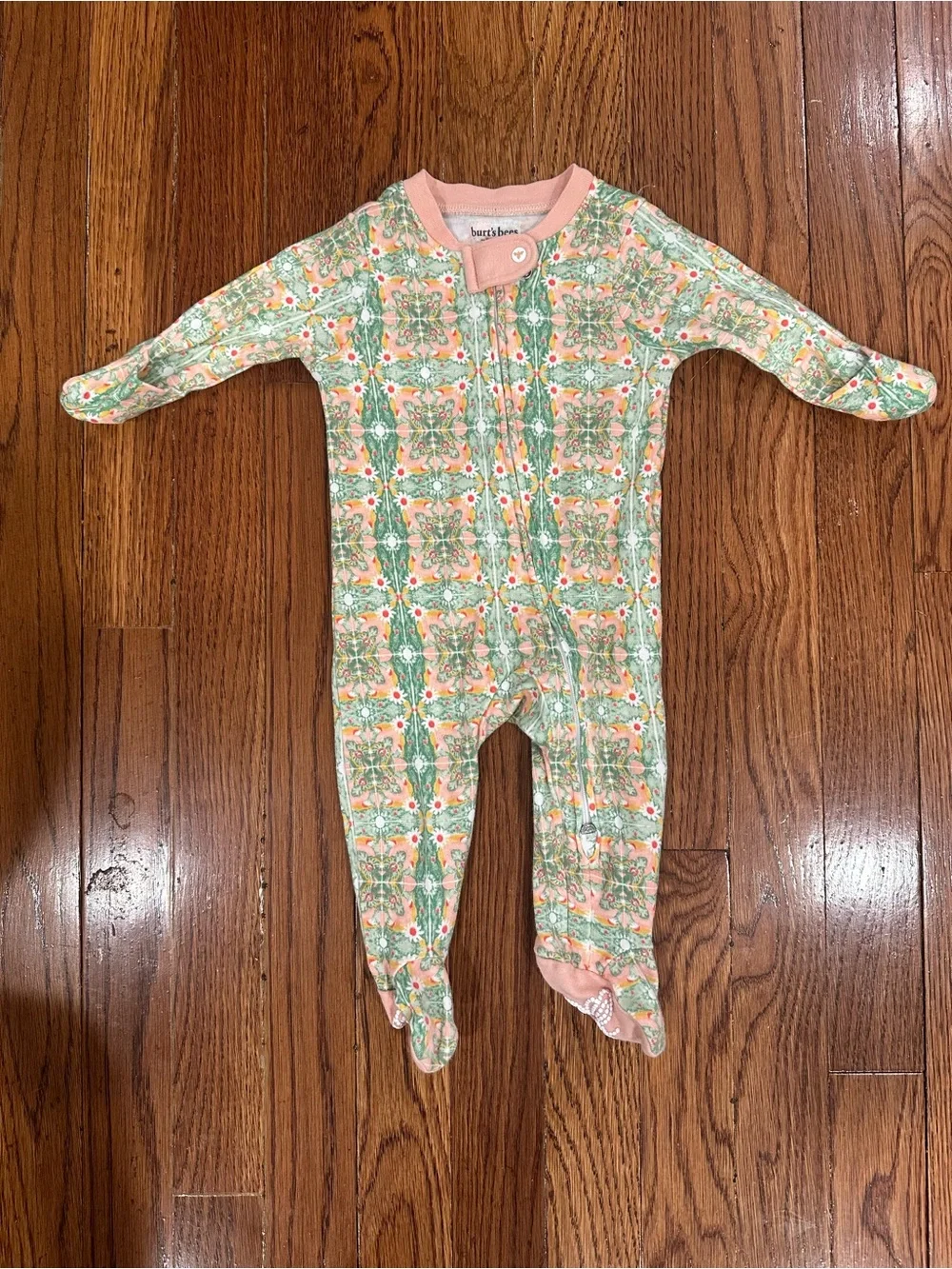 Burt's Bees Peach & Green Floral Footed One-Piece